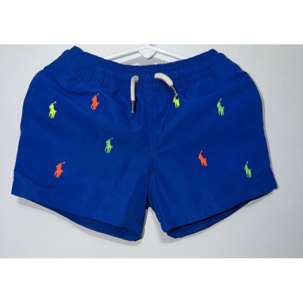 Polo Ralph Lauren Boy's Size 4 Blue Swim Shorts Multi Color Pony Embroidered